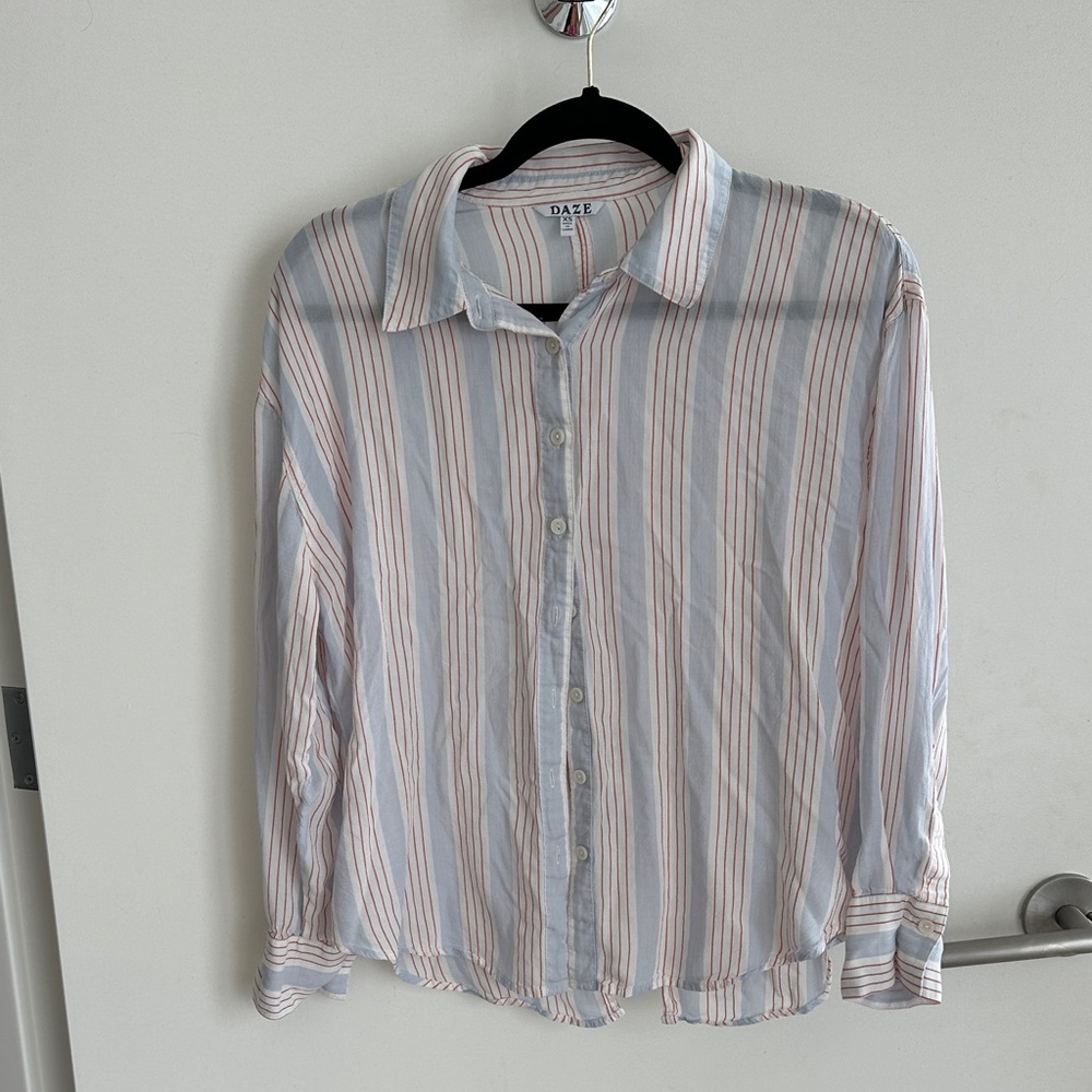 DAZE Women's Striped Button Down Shirt - Pink and White